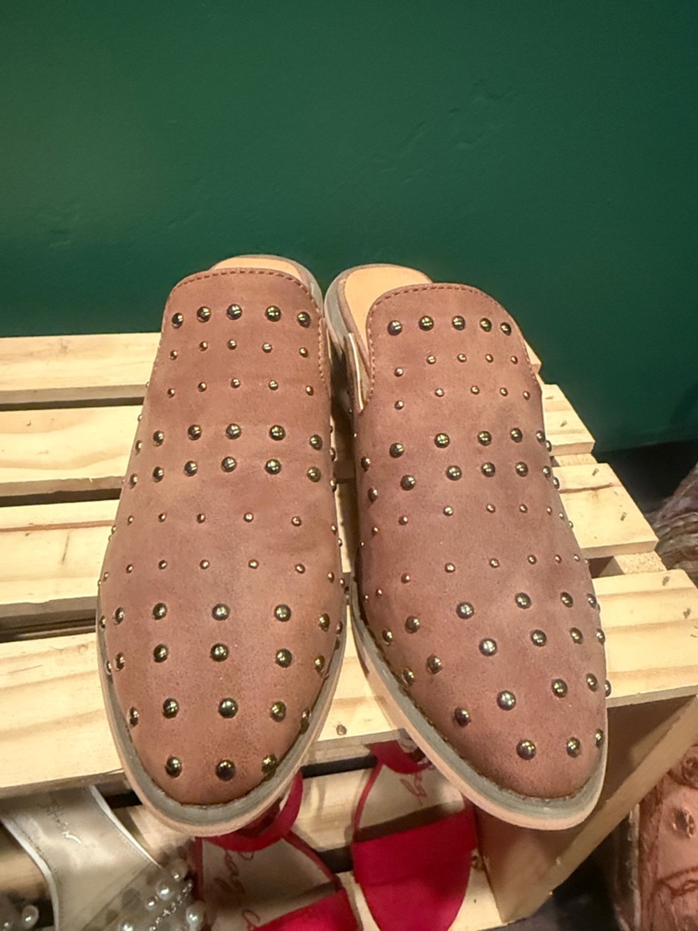 Studded Suede Slip-On Mules in Mauve
